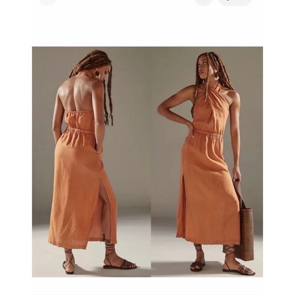 Anthropologie linen halter maxi dress size XS